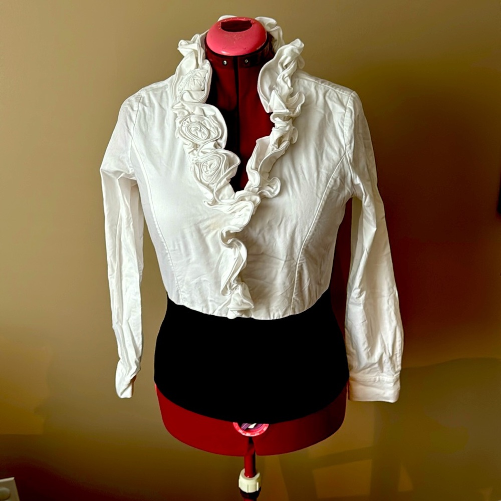White and black designer ruffled blouse